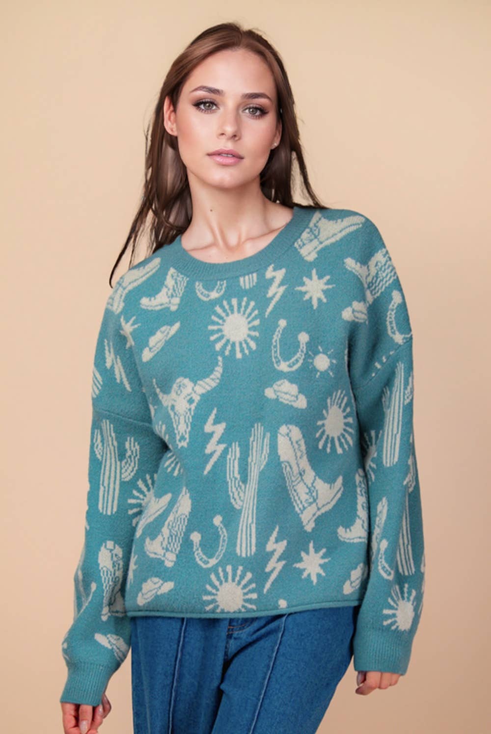 Western Graphic Oversized Knit Sweater – Drop Shoulder Pullover