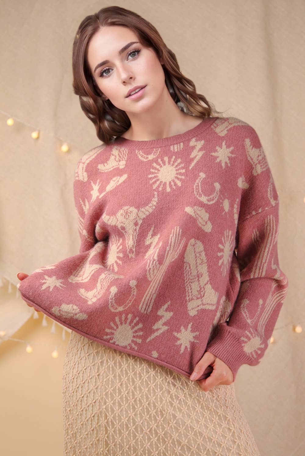 Western Graphic Oversized Knit Sweater – Drop Shoulder Pullover